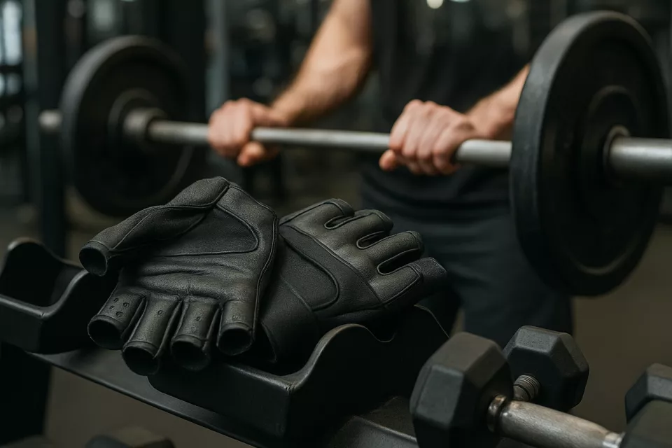Guantes gimnasio junto a pesas