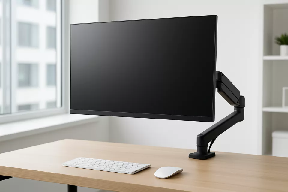 Brazo monitor articulado en escritorio limpio