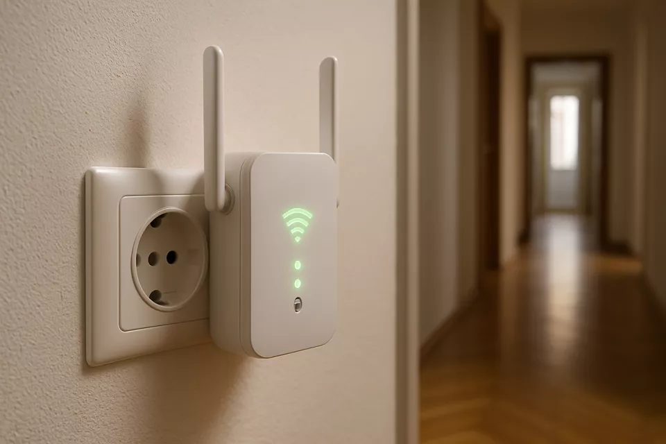 Repetidor WiFi enchufado en pasillo