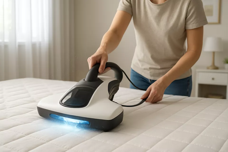Aspirador colchon UV en uso sobre cama