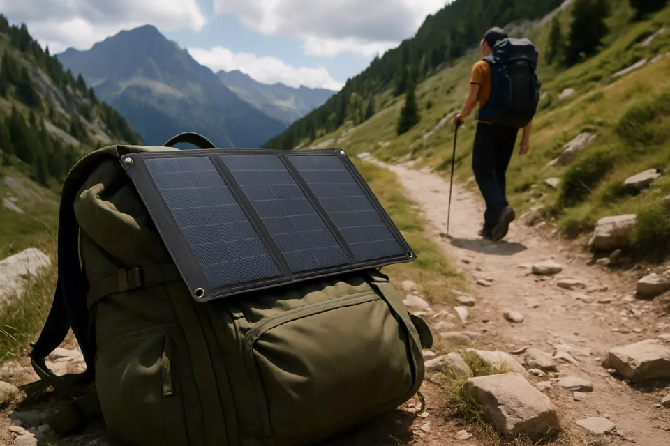 Cargador solar plegable en mochila montana