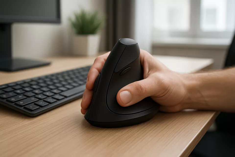Raton ergonomico vertical en escritorio