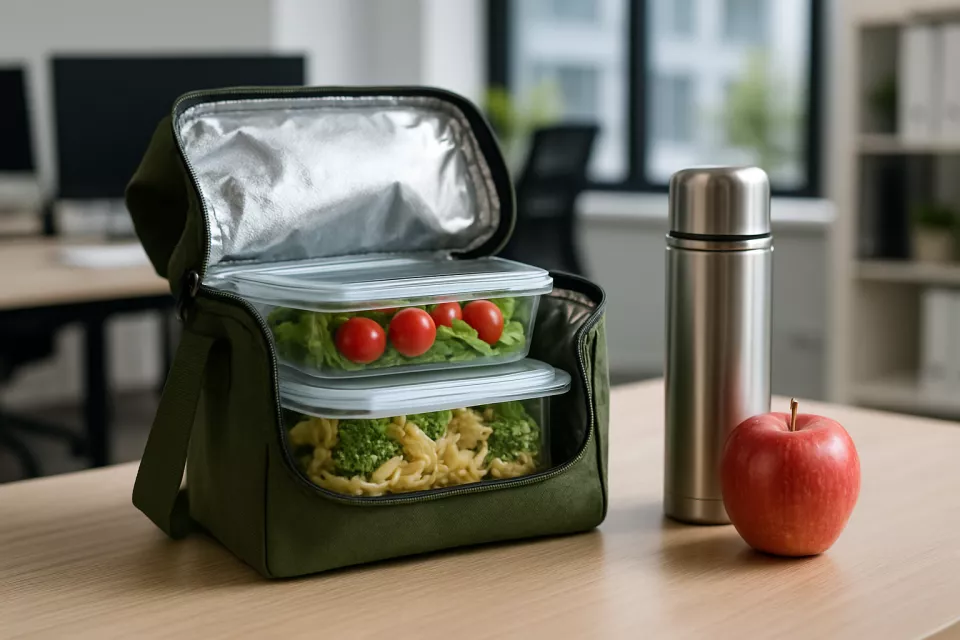 Bolsa termica porta alimentos abierta en escritorio oficina