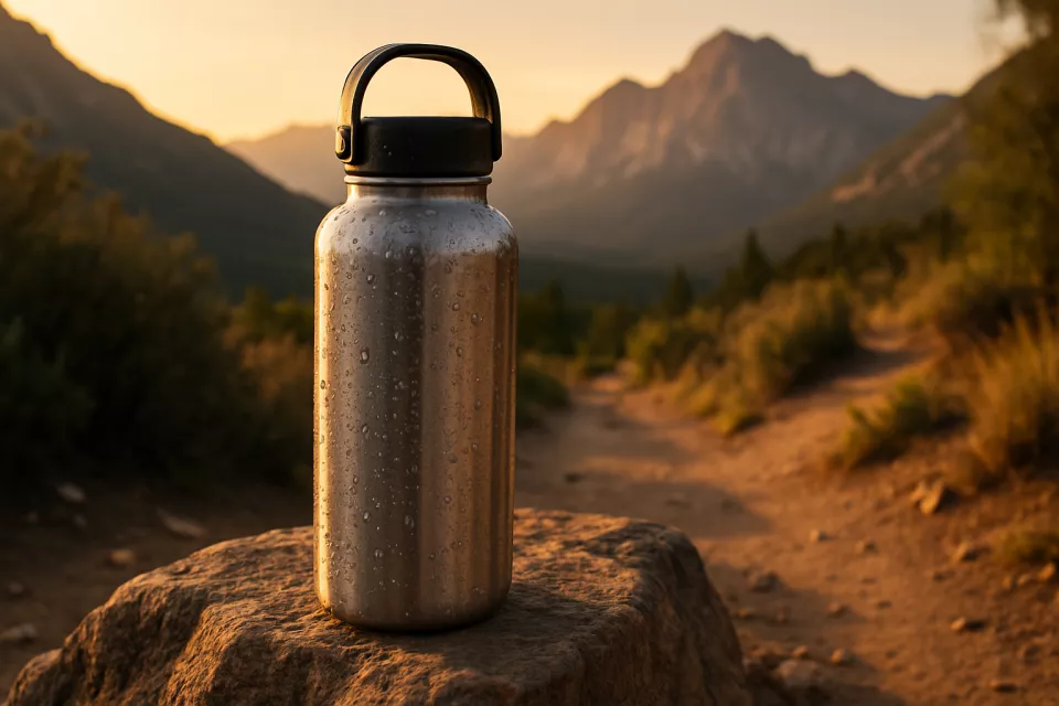 Botella termica acero inoxidable en ruta de montana
