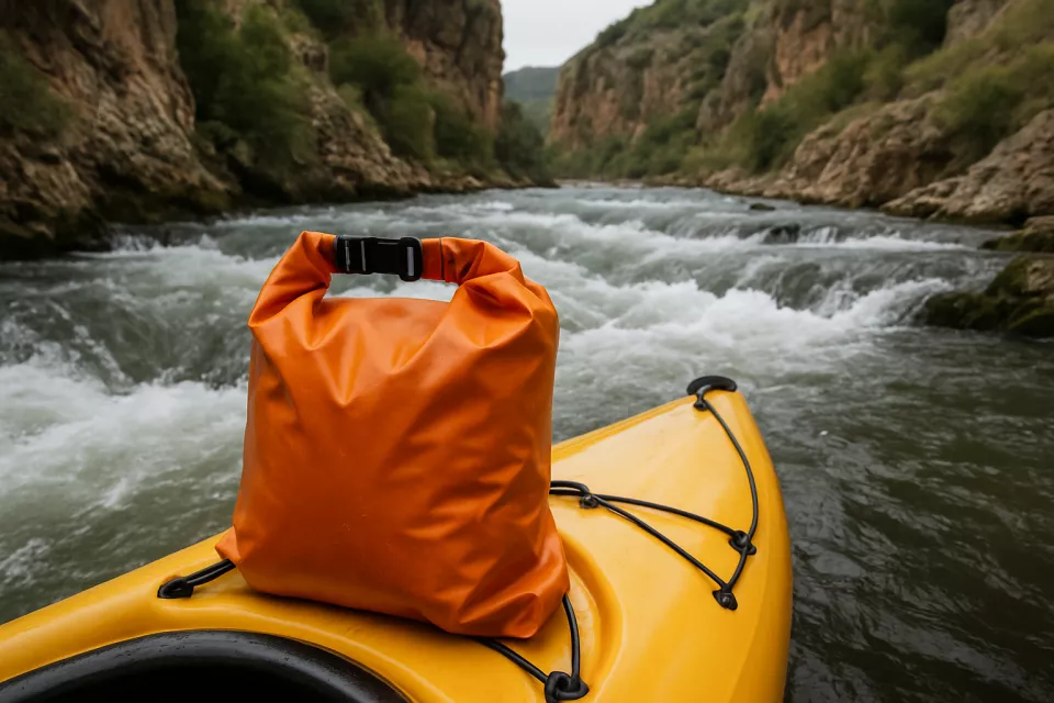 Bolsa estanca impermeable naranja en kayak con rio