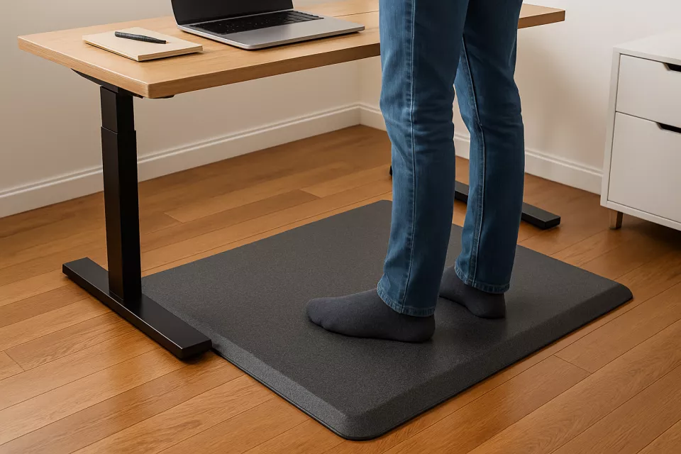 Alfombrilla antifatiga bajo escritorio elevable en oficina