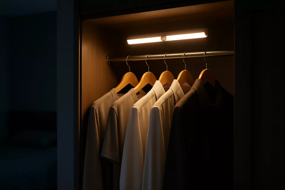Luz LED armario con sensor iluminando ropa en armario abierto