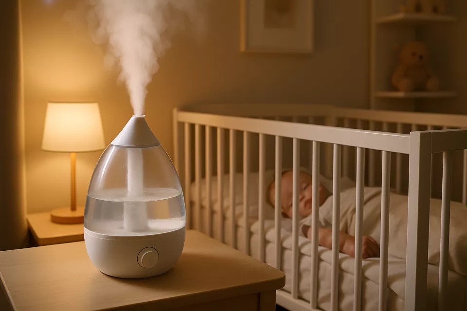 Humidificador ultrasonico vapor frio junto a cuna de bebe
