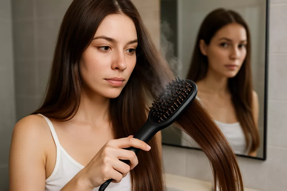 Cepillo alisador electrico en uso sobre pelo largo