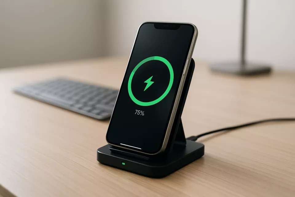 Cargador inalambrico con movil cargando en escritorio