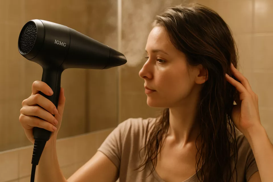 Secador pelo ionico profesional en uso con mujer