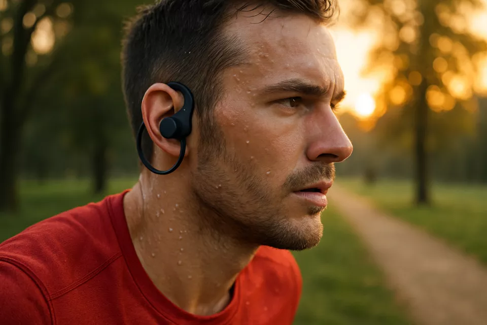 Auriculares deportivos bluetooth en corredor en parque