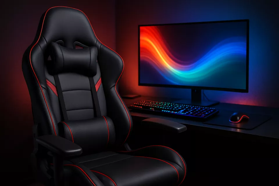 Silla gaming negra y roja en setup gaming moderno