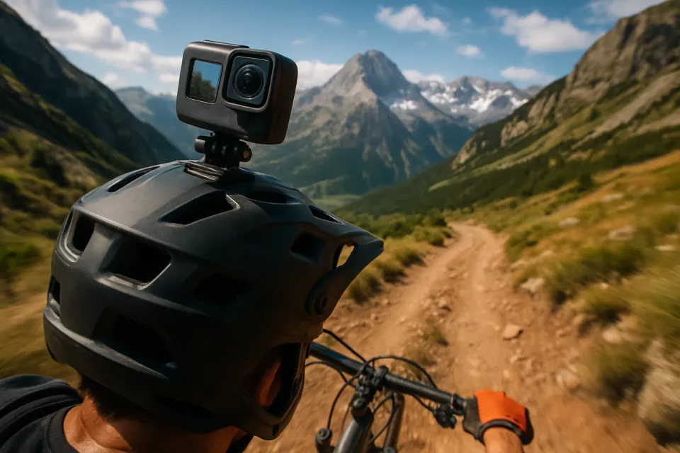 Camara accion en casco de ciclista en descenso montana
