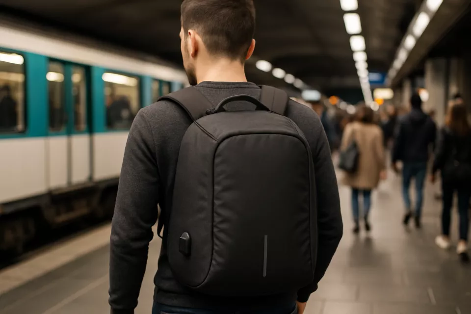 Mochila antirrobo negra con USB en centro urbano