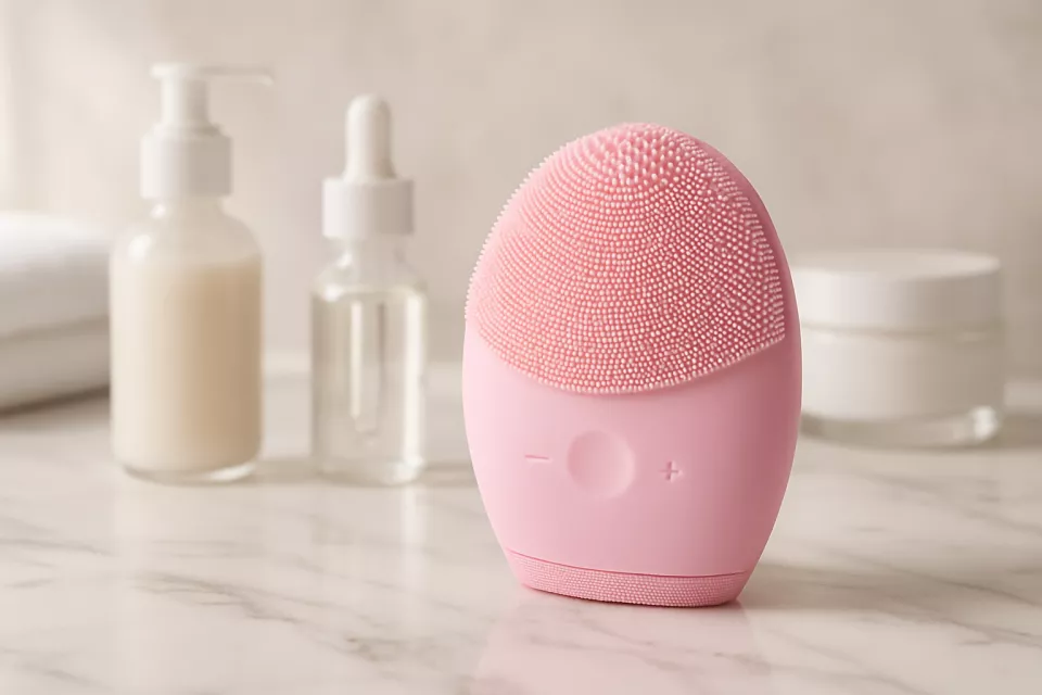 Cepillo facial silicona rosa en bano con productos cuidado