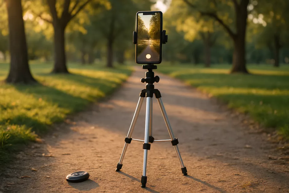 Tripode movil aluminio con smartphone grabando video en exterior