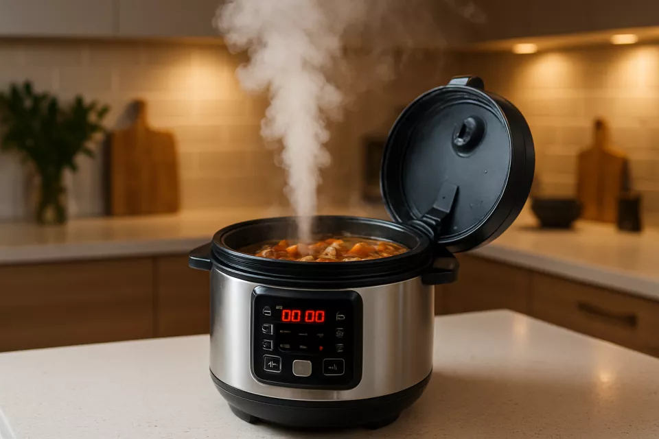 Olla presion electrica en cocina moderna con vapor saliendo