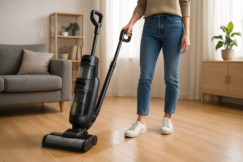 Aspirador friegasuelos inalambrico limpiando suelo salon