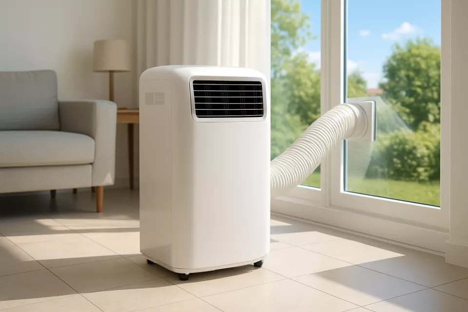 Aire acondicionado portatil en salon con tubo ventana