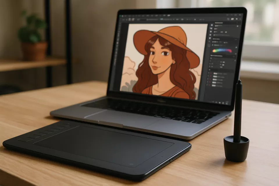 Tablet grafica dibujo con lapiz y ilustrador creando arte digital