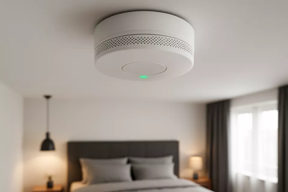 Detector humo wifi inteligente en techo de dormitorio