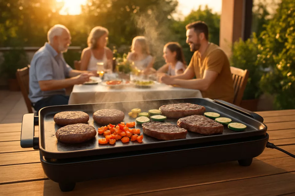 Plancha asar electrica con carne y verduras en terraza