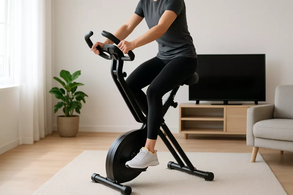 Bicicleta estatica plegable en salon casa con persona pedaleando