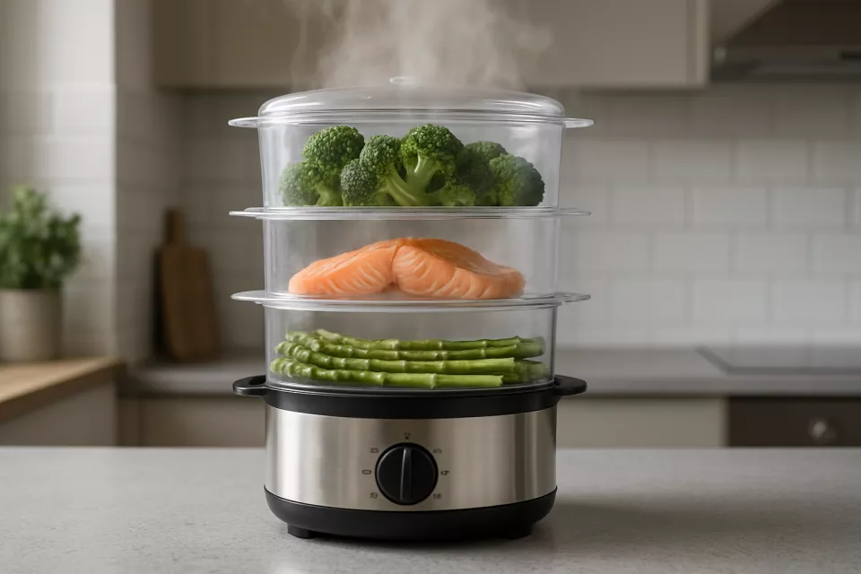 Vaporera electrica 3 niveles con verduras y pescado al vapor