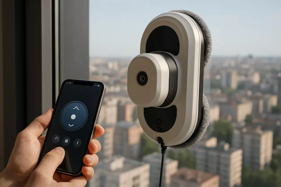 Robot limpia cristales en ventana grande de apartamento moderno