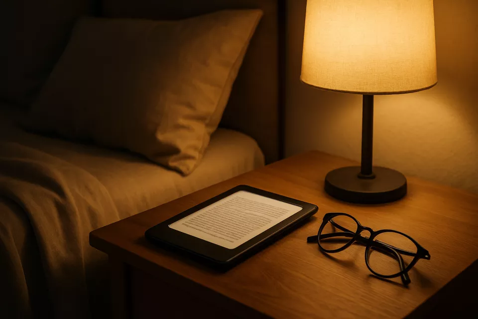 Kindle en mesilla de noche con luz calida