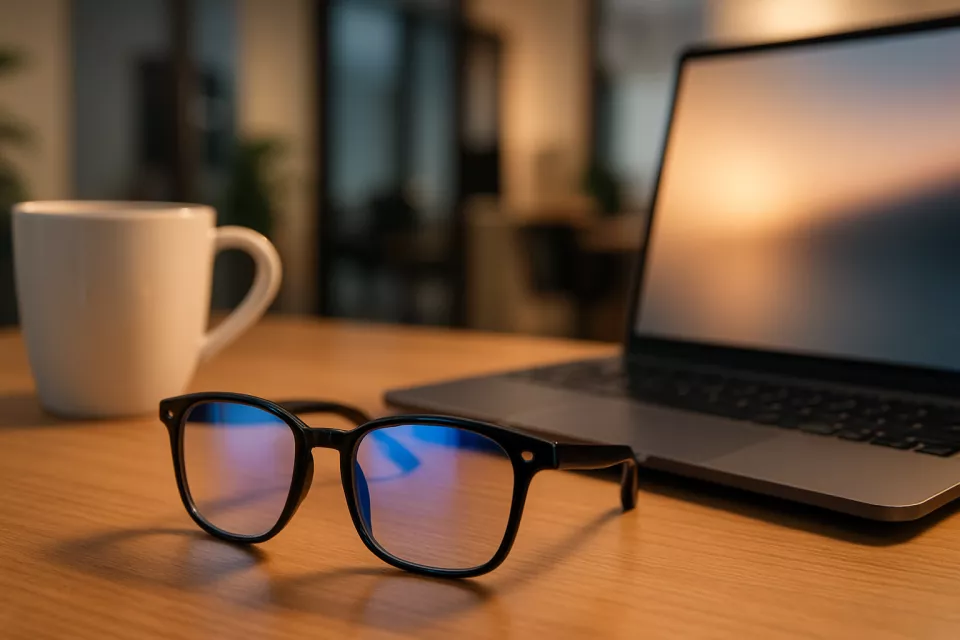 Gafas luz azul en escritorio con portatil