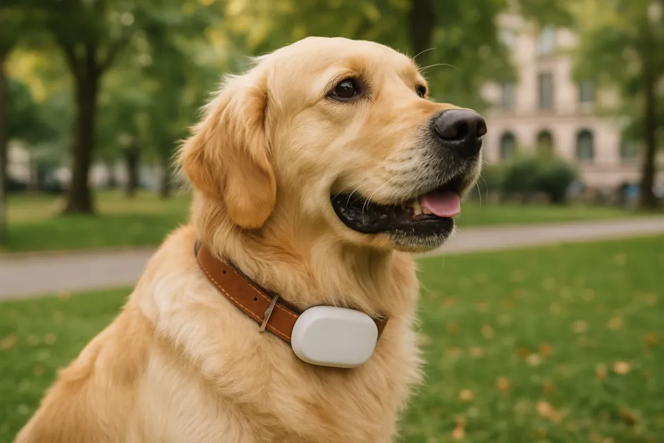 Localizador GPS en collar de perro en parque