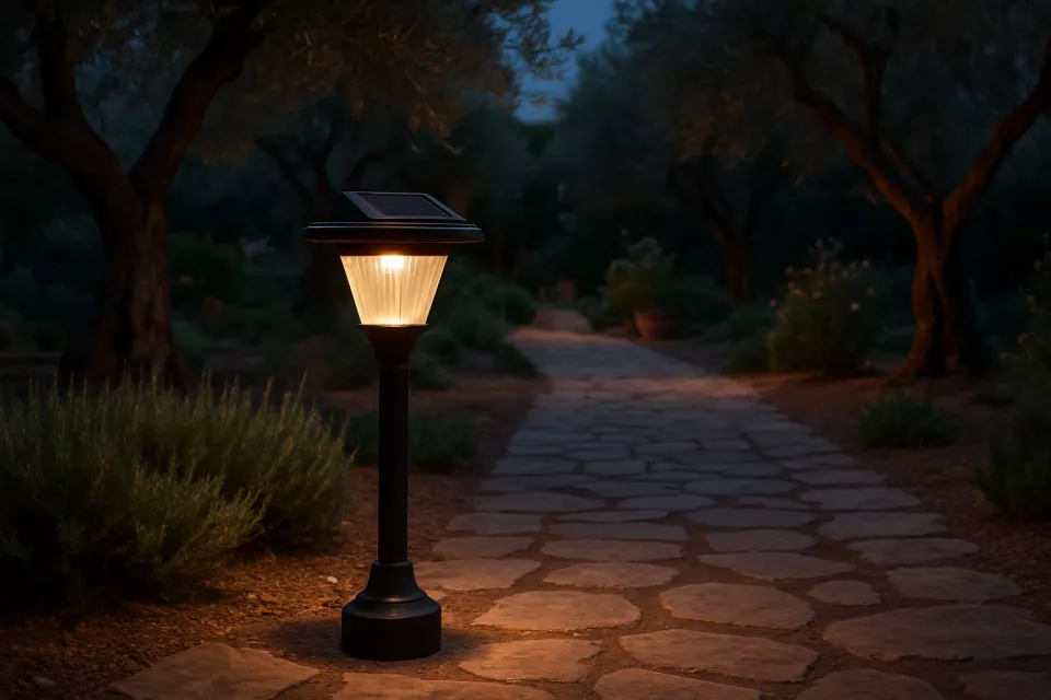 Farola solar iluminando jardin mediterraneo