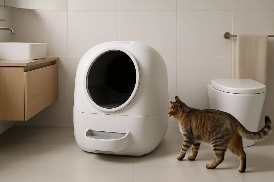 Arenero automatico para gatos en bano moderno