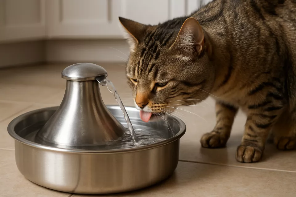 Fuente de agua para gatos con gato bebiendo