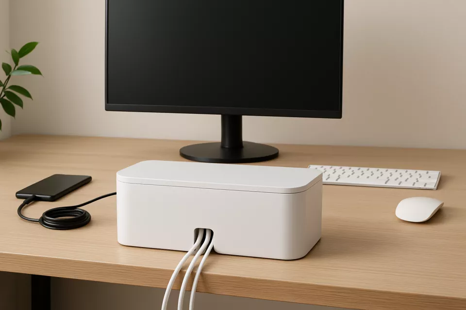 Organizador cables ordenando escritorio
