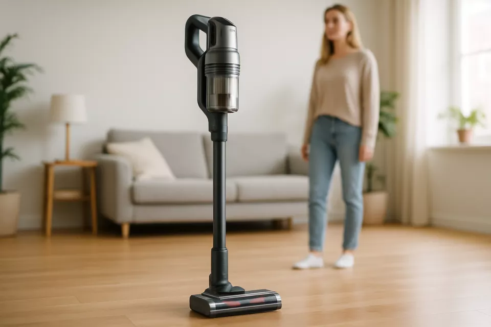 Aspirador sin cable inalambrico de pie en salon luminoso
