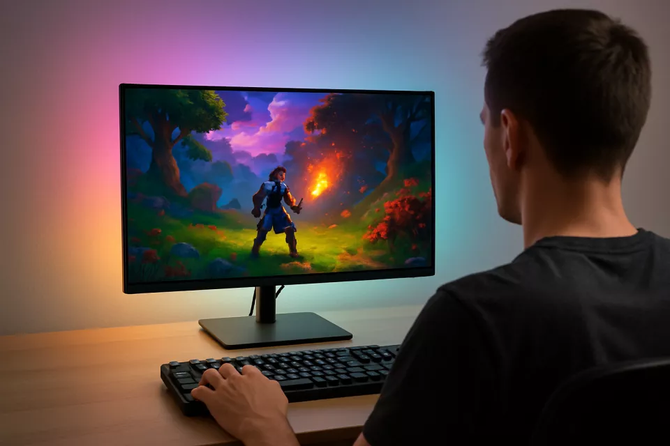Monitor gaming 27 pulgadas en escritorio con setup limpio