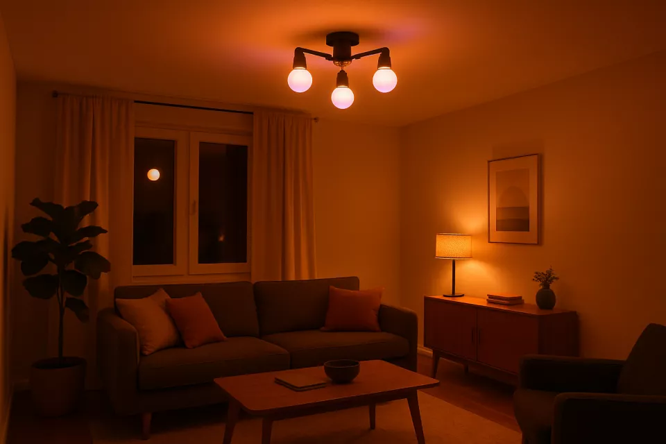 Bombillas inteligentes RGB iluminando salon moderno con luz ambar