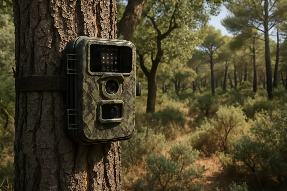 Camara trampa camuflada fijada a arbol en bosque mediterraneo
