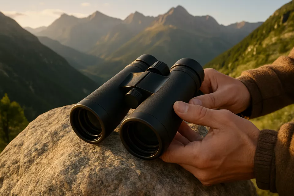 Prismaticos de calidad sobre roca con paisaje de montana
