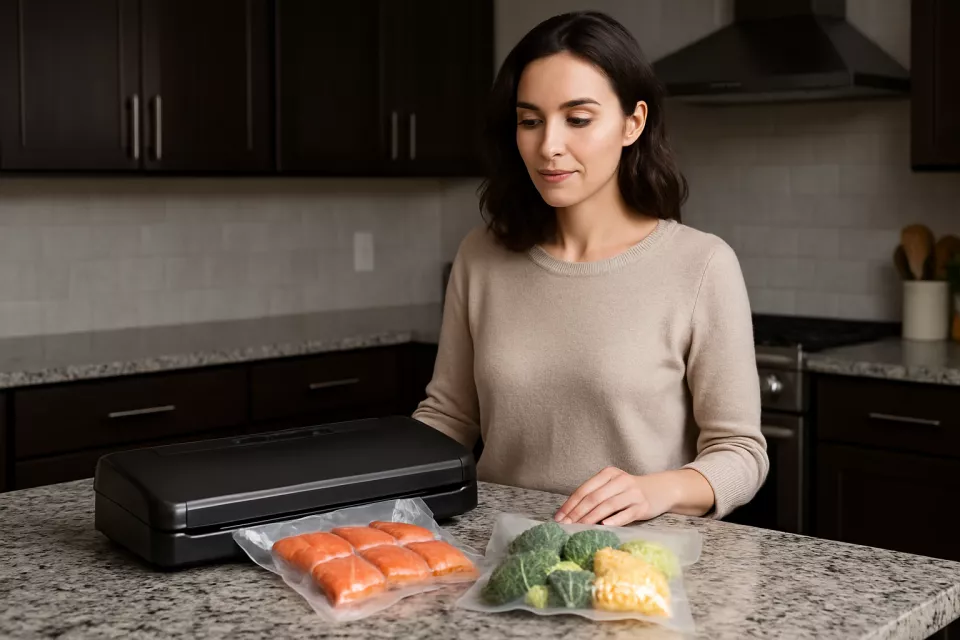 Sellador vacio con alimentos envasados