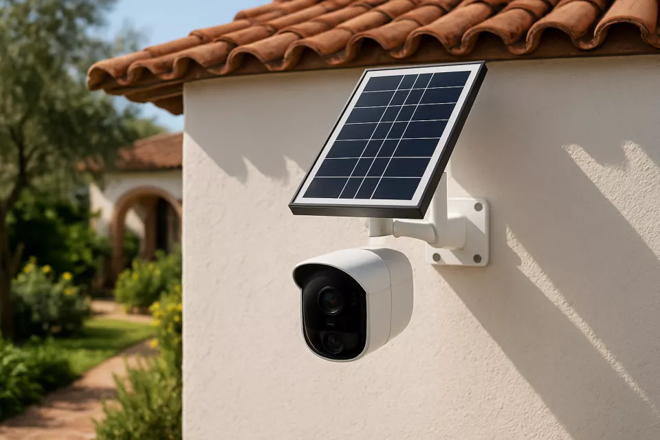 Camara seguridad solar en fachada casa