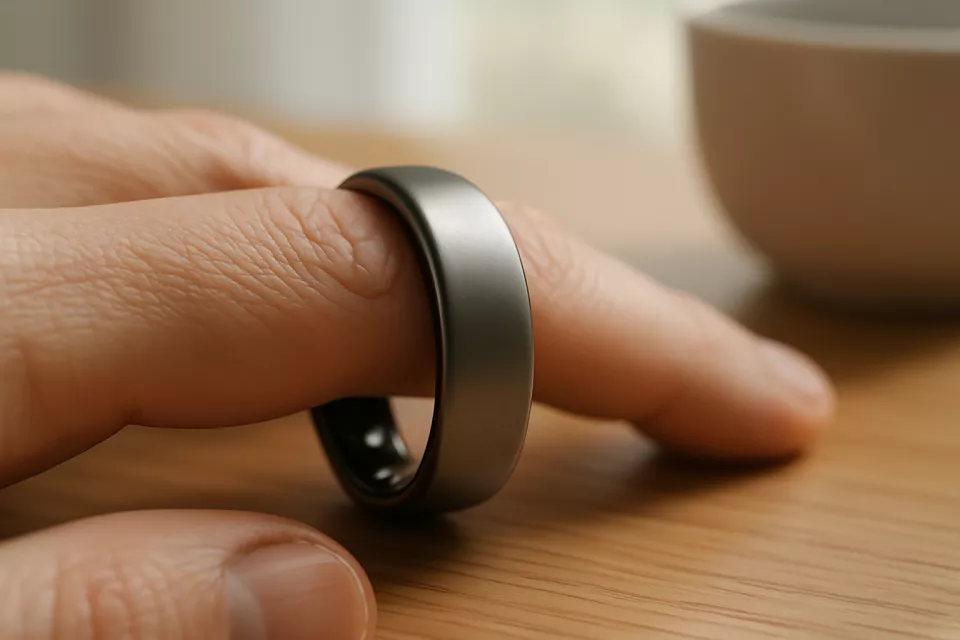 Anillo inteligente calidad-precio en mano sobre escritorio