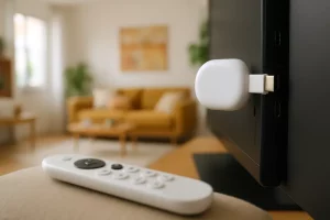 Chromecast Google TV calidad-precio conectado a televisor en salon moderno