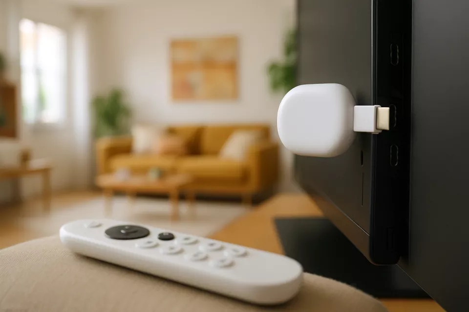 Chromecast Google TV calidad-precio conectado a televisor en salon moderno