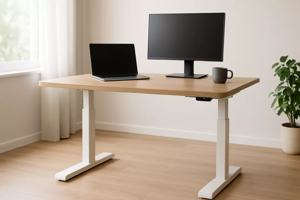 Escritorio regulable en altura calidad-precio en posicion de pie con monitor y teclado