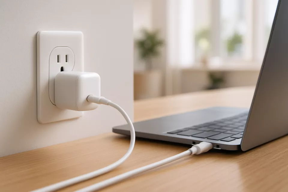 Cargador USB-C GaN calidad-precio compacto enchufado a portatil moderno