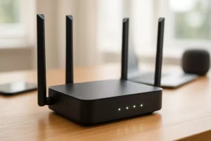 Router WiFi 6 calidad-precio en mesa con varios dispositivos conectados